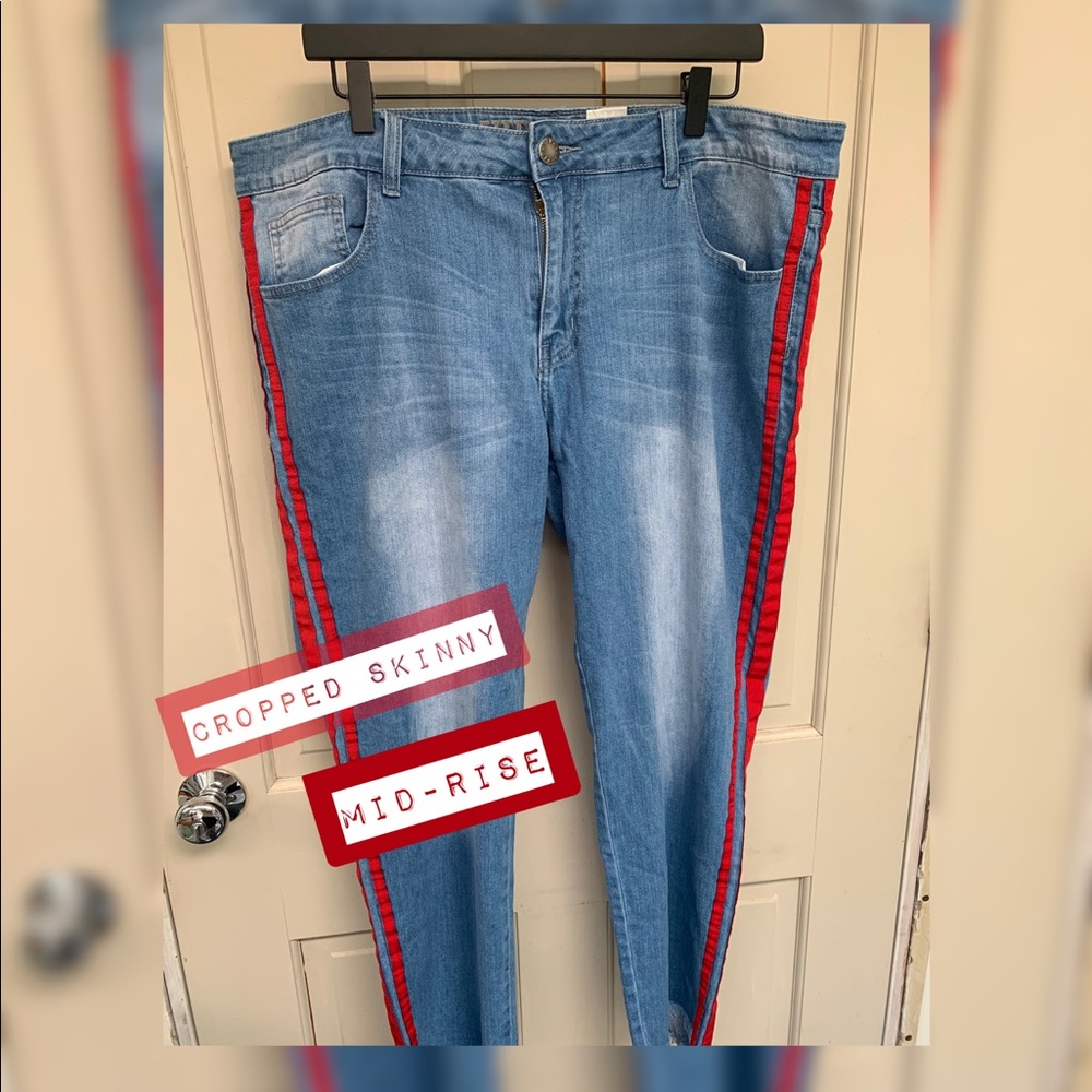 Distressed- Racing Stripe Mid-Rise Skinny Jean 16